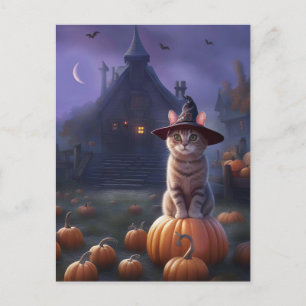 Halloween Cute Witchy Cat Pumpkins Holiday Postcard