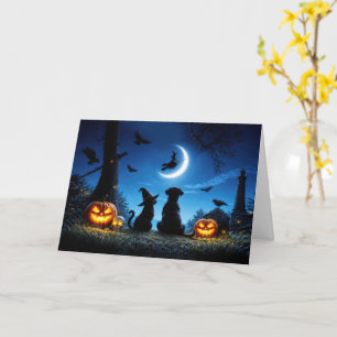 Halloween Cute with Witch and Moon Cat and Dog Card