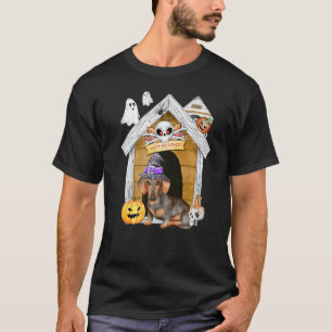 Halloween Dachshund Dog Witch Haunted House T-Shirt