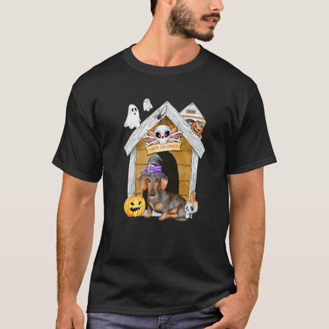 Halloween Dachshund Dog Witch Haunted House   T-Shirt (Front)