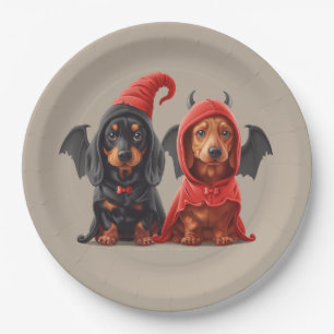 Halloween Dachshund Dogs Devil Bat Paper Plate