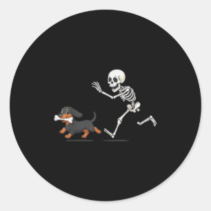 Halloween Dachshund Funny Skeleton Chasing Dog Men Classic Round Sticker