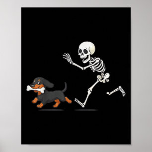 Halloween Dachshund Funny Skeleton Chasing Dog Men Poster
