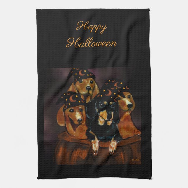 Halloween Dachshunds Tea Towel (Vertical)