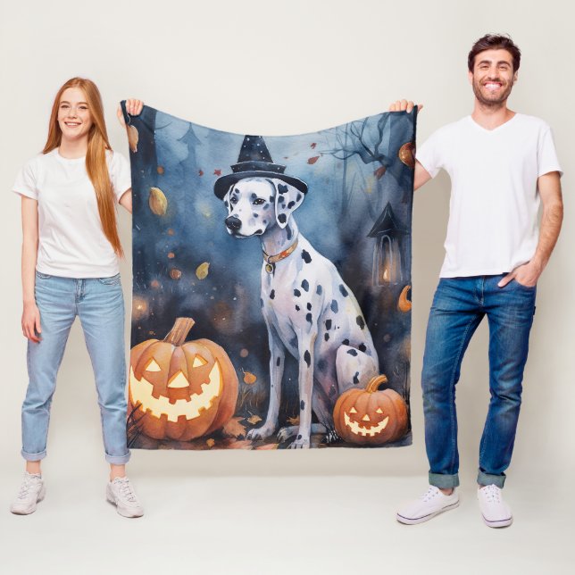 Halloween Dalmation With Pumpkins Scary Fleece Blanket (In Situ)