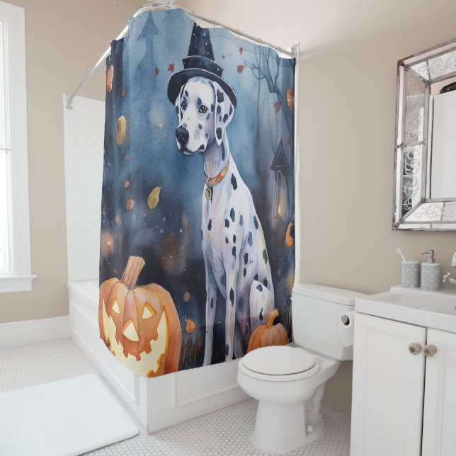 Halloween Dalmation With Pumpkins Scary Shower Curtain (In Situ)