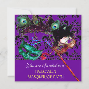 HALLOWEEN  DAMASK MASQUERADE PARTY purple blue Invitation