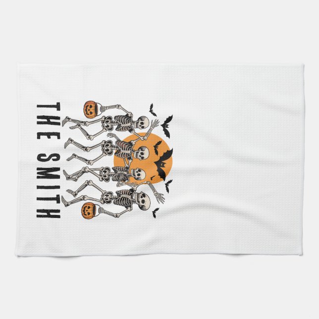 Halloween Dancing Skeleton Dance Pumpkin Tea Towel (Horizontal)