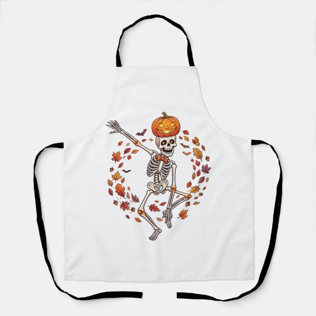 Halloween Dancing Skeleton Pumpkin Head Autumn Lea Apron (Front)