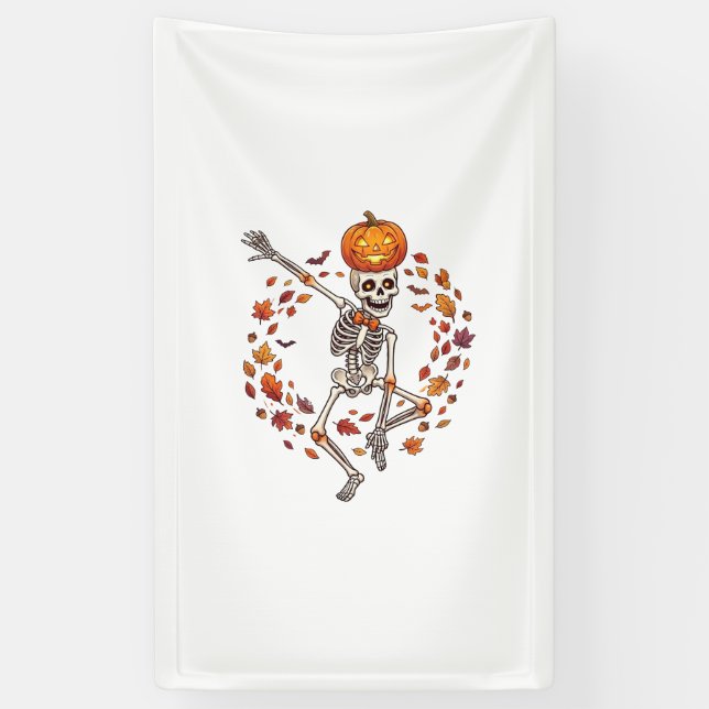 Halloween Dancing Skeleton Pumpkin Head Autumn Lea Banner (Vertical)