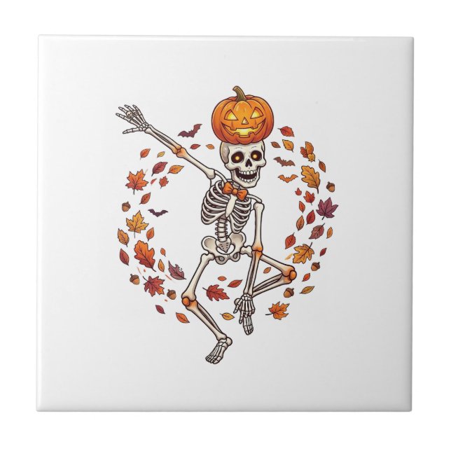 Halloween Dancing Skeleton Pumpkin Head Autumn Lea Ceramic Tile (Front)
