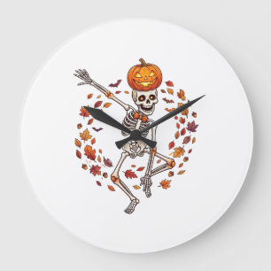 Halloween Dancing Skeleton Pumpkin Head Autumn Lea Large Clock
