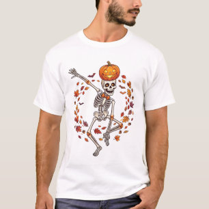 Halloween Dancing Skeleton Pumpkin Head Autumn Lea T-Shirt