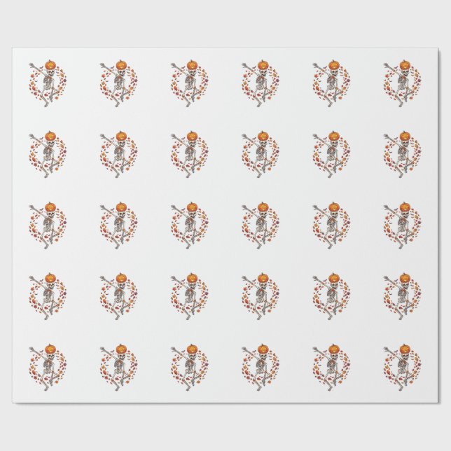 Halloween Dancing Skeleton Pumpkin Head Autumn Lea Wrapping Paper (Flat)