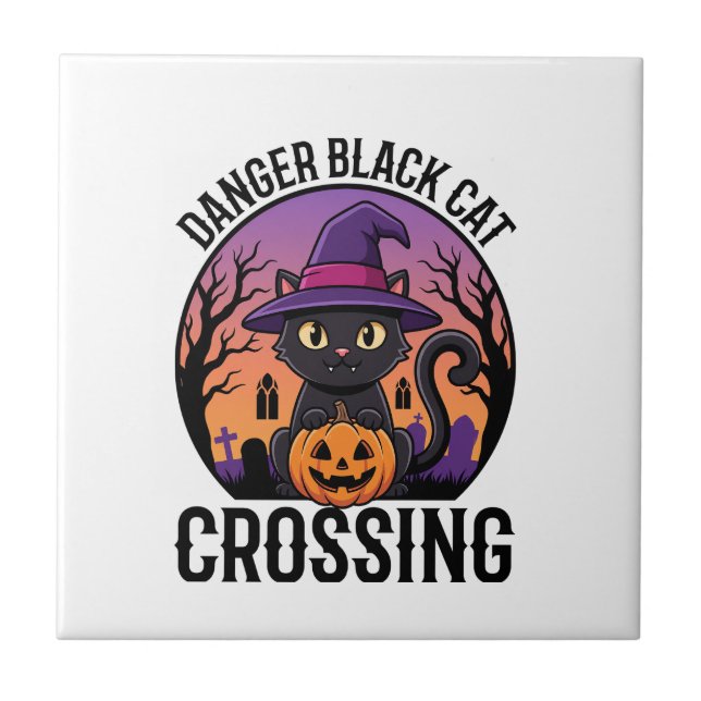 Halloween Danger Black Cat Crossing Ceramic Tile (Front)