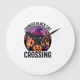 Halloween Danger Black Cat Crossing Large Clock
