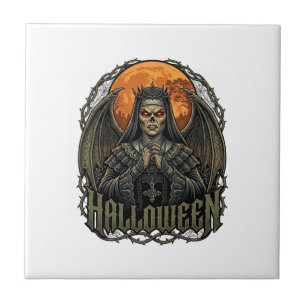 Halloween Demon Nun Crown Wings Orange Moon_1 Ceramic Tile