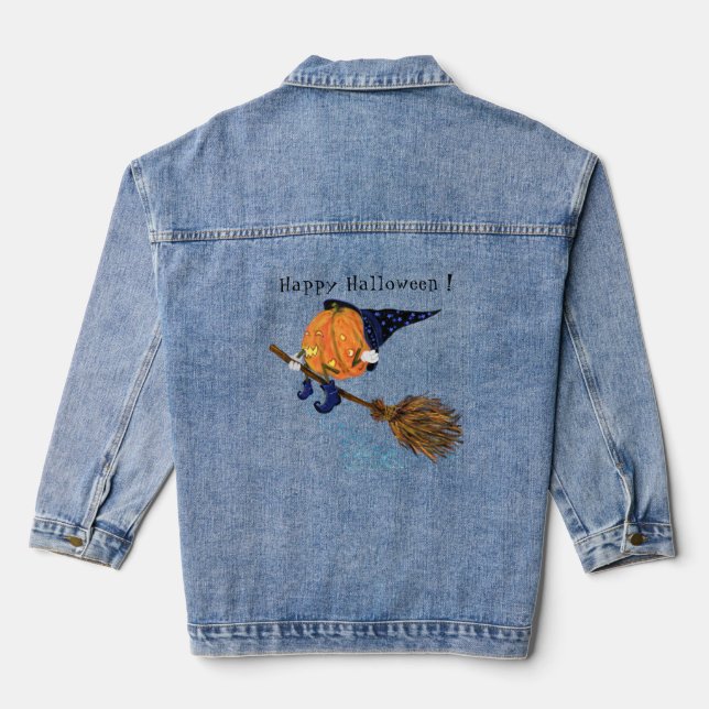 Halloween Denim Jacket Funny Witch Pumpkin Flying (Back)