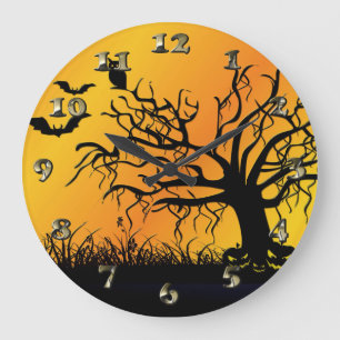 Halloween Design with Bats, Tree and Pumpkins Large Clock