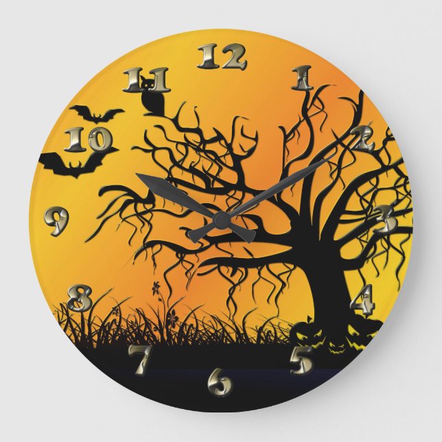 Halloween Design with Bats, Tree and Pumpkins Large Clock (Front)