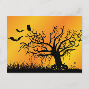 Halloween Design with Bats, Tree and Pumpkins Postcard