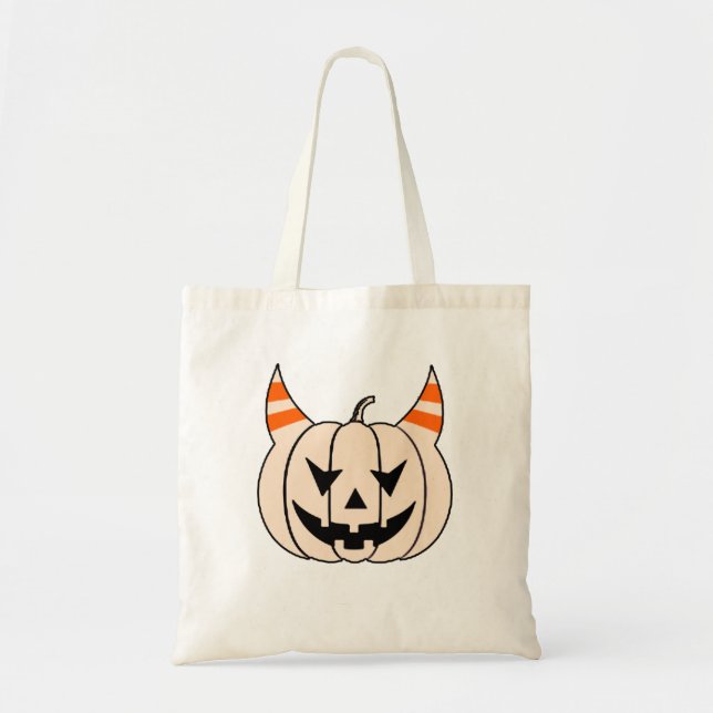 Halloween Devil Horns Jack O Lantern Pumpkin Tote Bag (Front)