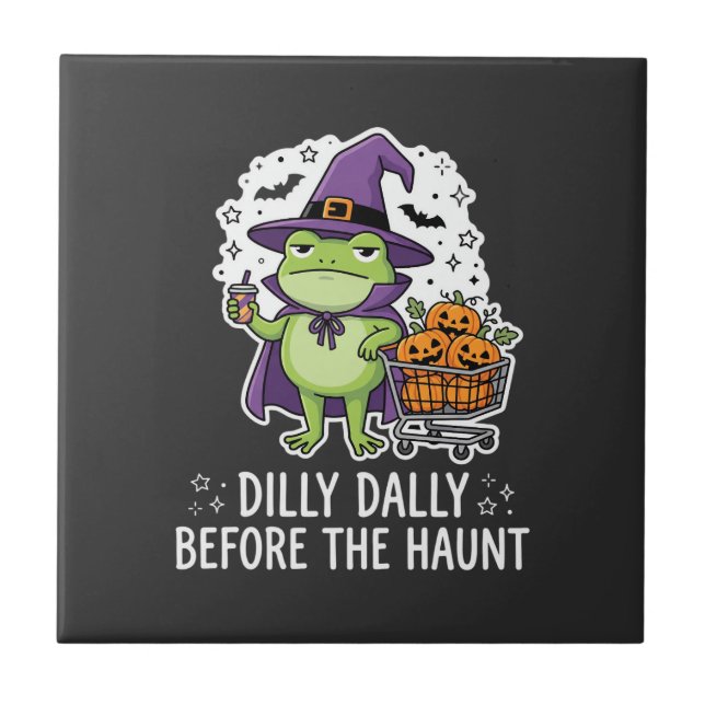 Halloween Dilly Dally Frog Witch Pumpkin Cart Ceramic Tile (Front)