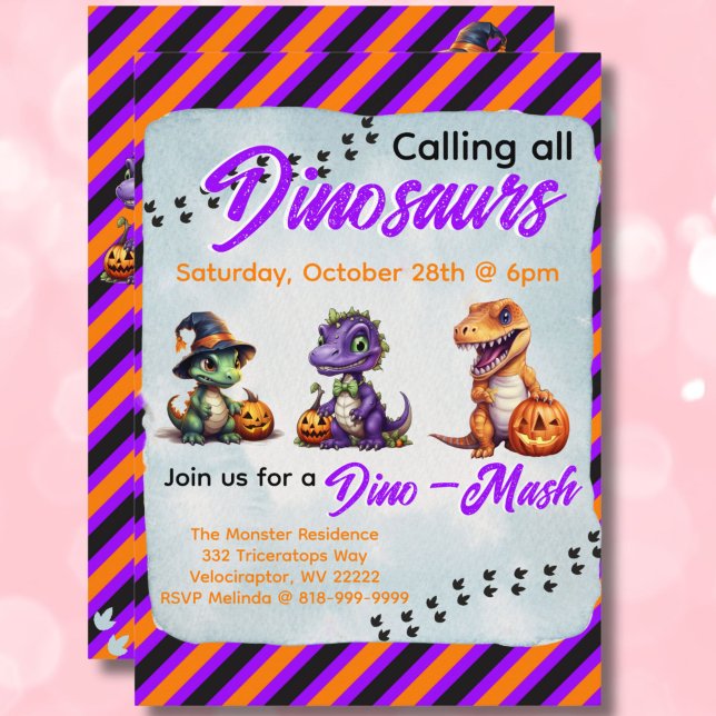 Halloween Dinosaur Dino-Mash Party Invitation (Purple & Orange Diagonal Stripe Dinosaur Halloween Dino-Mash Party Invitation)