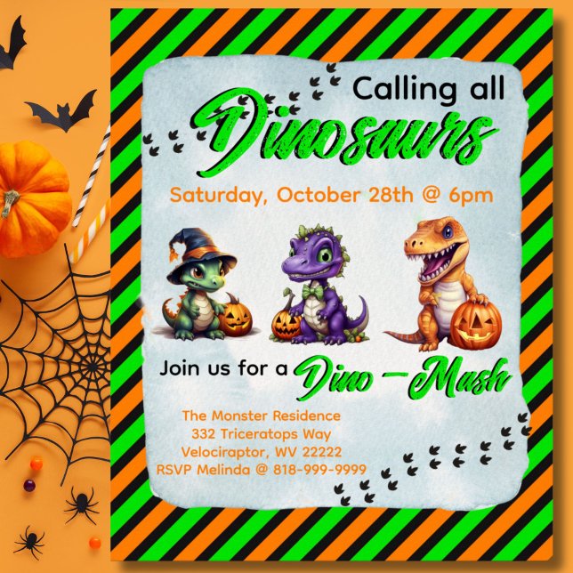 Halloween Dinosaur Dino-Mash Party Invitation  Poster (Diagonal stripe Dinosaur Halloween Dino-Mash Invitation Poster)