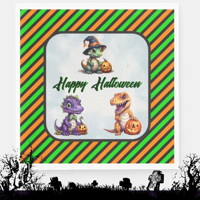 Halloween Dinosaur Dino-Mash Party Napkin (Halloween Dino Napkins in Green and Orange Stripe)