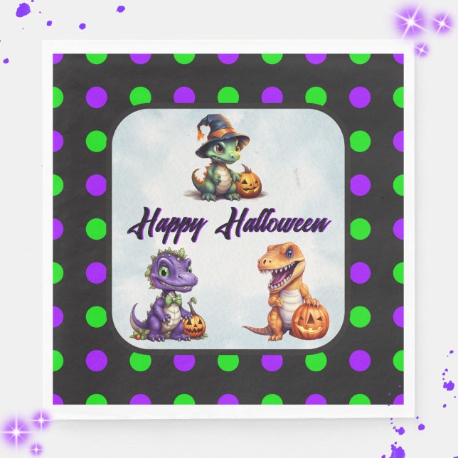 Halloween Dinosaur Dino-Mash Party Napkin (Happy Halloween Dino Napkins with Purple Font)
