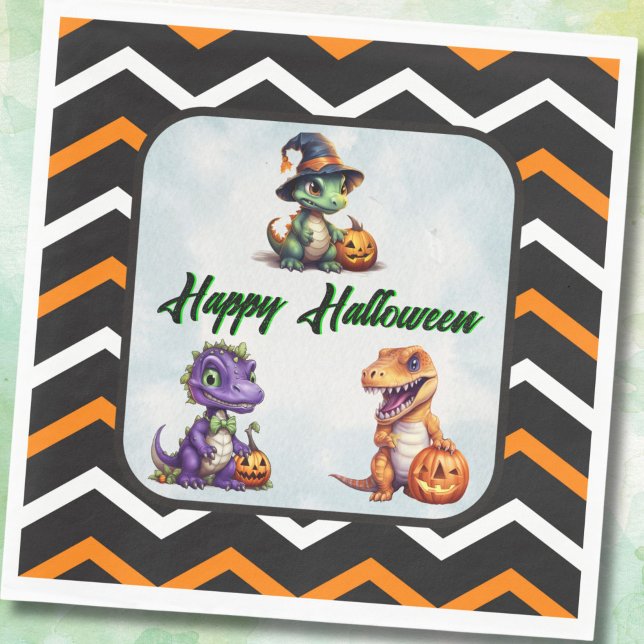 Halloween Dinosaur Dino-Mash Party Napkin (Halloween Dino Party Napkins with Chevron Stripes)