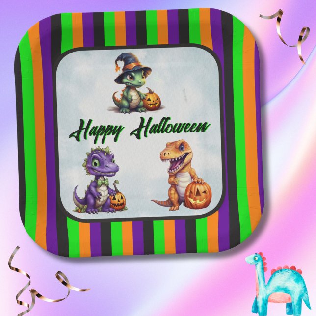 Halloween Dinosaur Dino-Mash Party Paper Plate (Halloween Dinosaur Stripe Happy Halloween Square Paper Plates for Party)