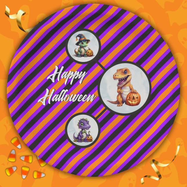 Halloween Dinosaur Dino-Mash Party Paper Plate (Halloween Dinosaur Circle Paper Plates in Orange and Purple)