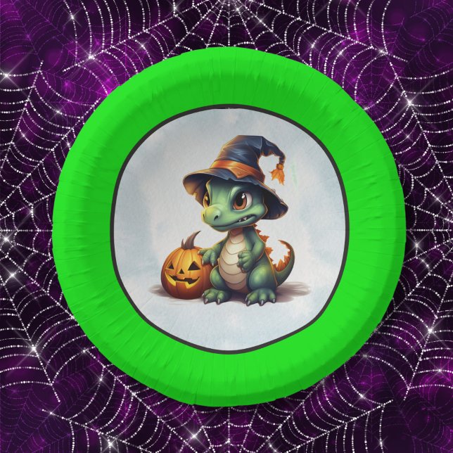 Halloween Dinosaur Dino-Mash Party Paper Plate (Neon green wide trim dinosaur Halloween paper bowl!)
