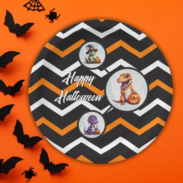 Halloween Dinosaur Dino-Mash Party Paper Plate (Halloween Dinosaur Circle Paper Plates in Orange and White Chevron Pattern)