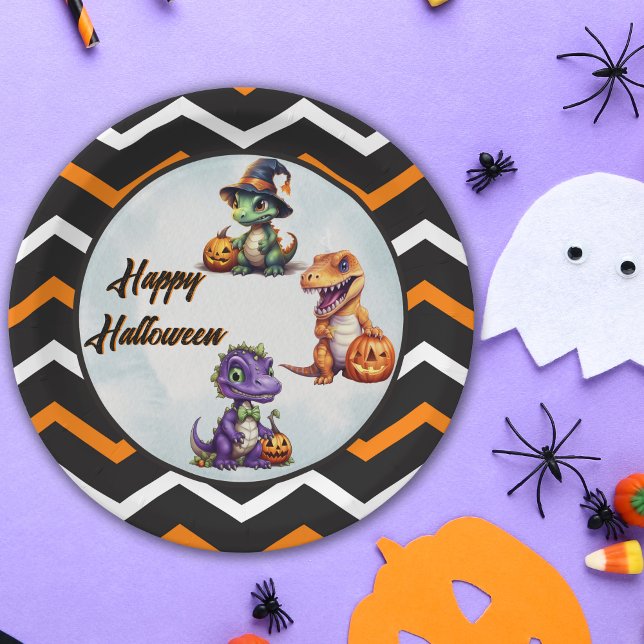 Halloween Dinosaur Dino-Mash Party Paper Plate (Orange, Black and White Dinosaur themed Halloween party plates.)