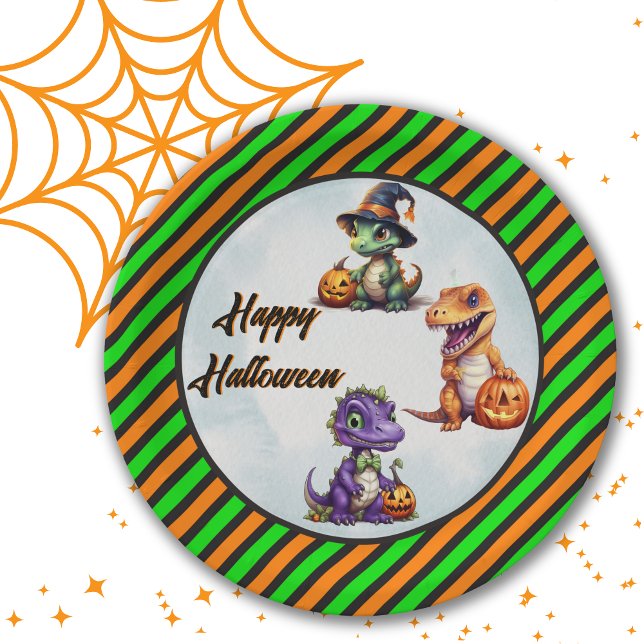 Halloween Dinosaur Dino-Mash Party Paper Plate (Green and Orange circular paper plates for Dinosaur Halloween party.)