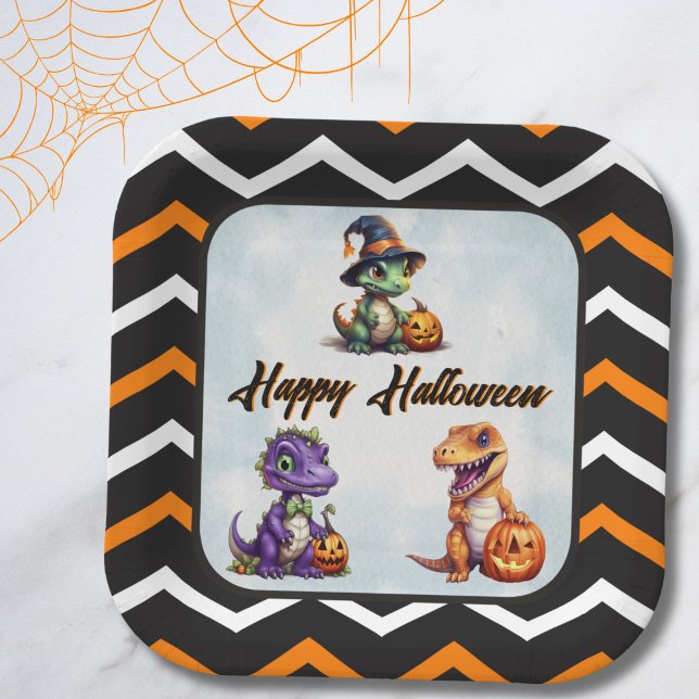 Halloween Dinosaur Dino-Mash Party Paper Plate (Orange White Black Stripe Dino Halloween Plate)