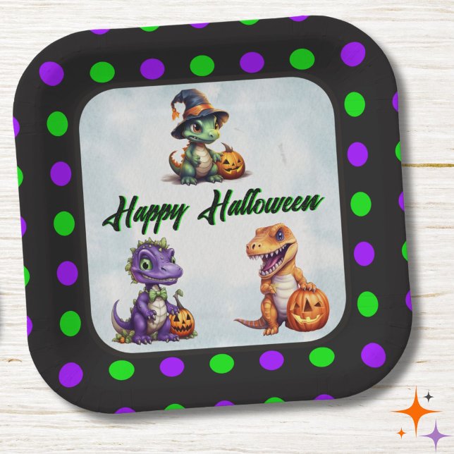 Halloween Dinosaur Dino-Mash Party Paper Plate (Polka Dot Halloween Plate)