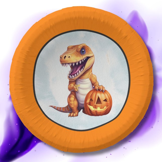 Halloween Dinosaur Dino-Mash Party Paper Plate (Orange dino Halloween bowl)