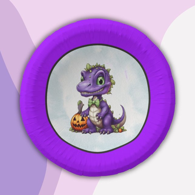 Halloween Dinosaur Dino-Mash Party Paper Plate (Purple trim dino Halloween Paper Bowl)