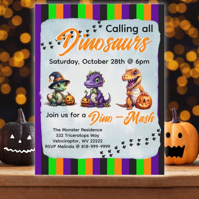 Halloween Dinosaur Dino-Mash Party Postcard (Halloween Dinosaur Invitation Postcard with brightly colored Halloween themed stripes. )