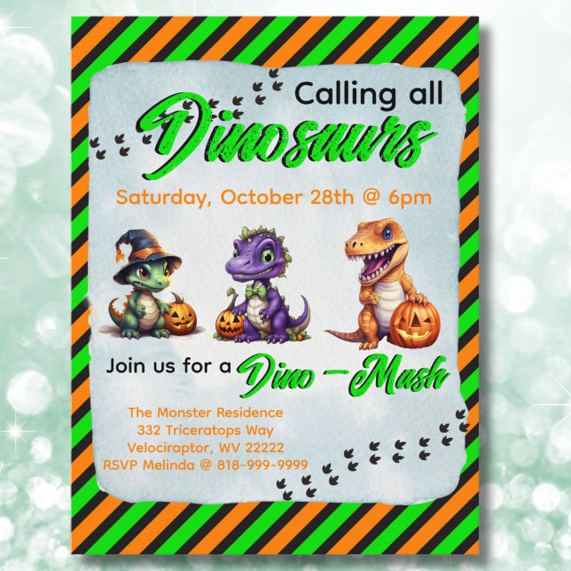 Halloween Dinosaur Dino-Mash Party Postcard (Halloween Dinosaur Invitation Postcard in Orange & Green)
