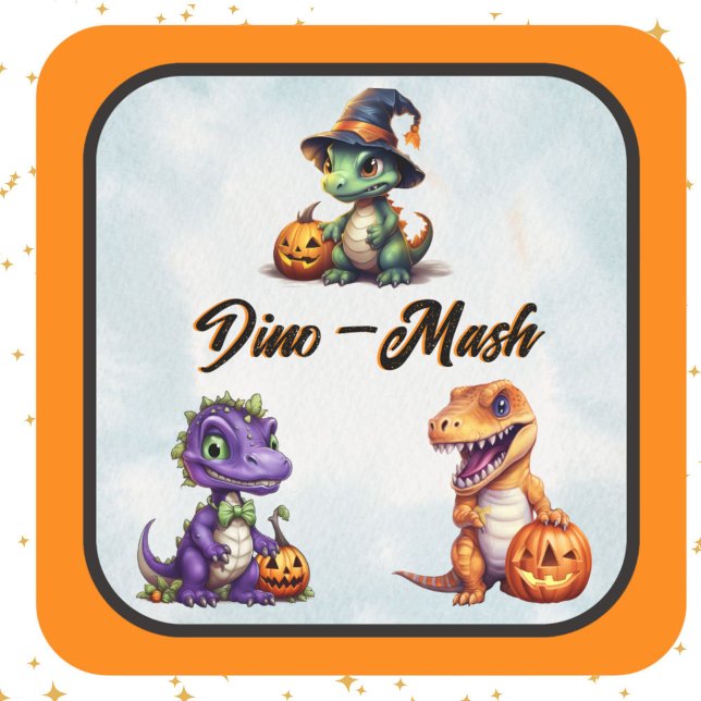 Halloween Dinosaur Dino-Mash Party Square Sticker (Orange trim dino Halloween Sticker)