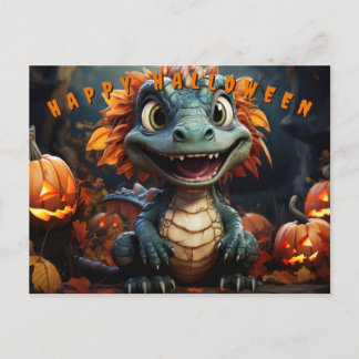 Halloween Dinosaur In Forest With Pumpkins Holiday Postcard