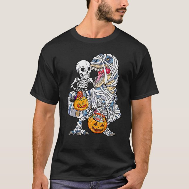 Halloween Dinosaur Rex Skeleton Riding Mummy Pumpk T-Shirt (Front)