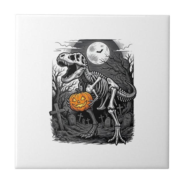 Halloween Dinosaur Skeleton Pumpkin Vintage Shirt  Ceramic Tile (Front)