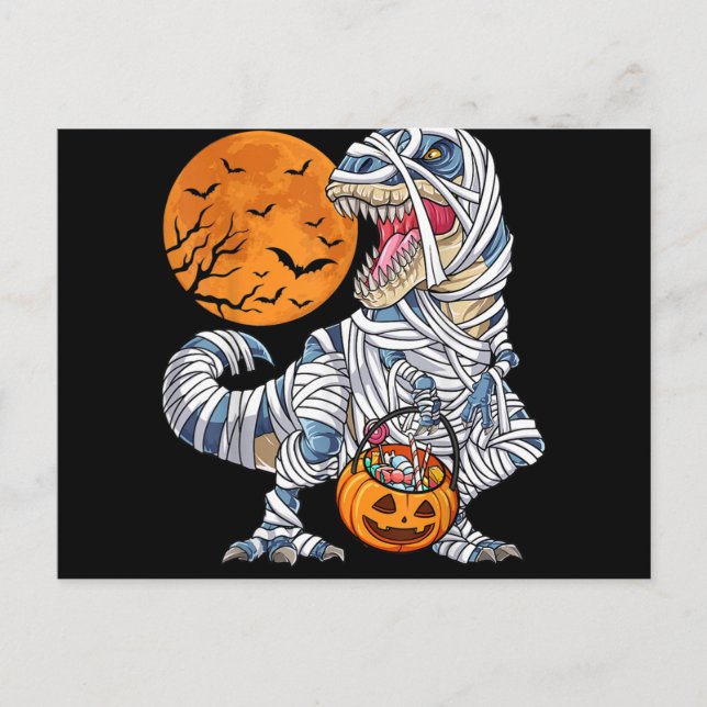 Halloween Dinosaur T rex Mummy Pumpkin Holiday Postcard (Front)