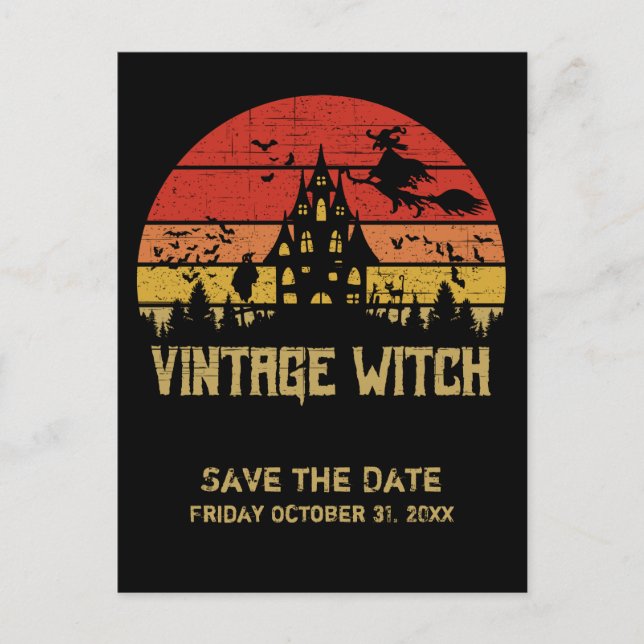 Halloween Distressed Vintage Witch Retro Sunset Announcement Postcard (Front)